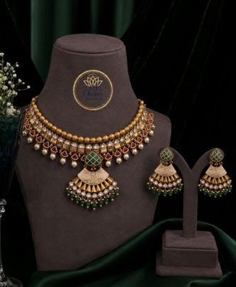 Divine Jewellery Antique Choker Necklace Set with Statement Earrings for Women | 92.5 Silver Gold Plated Traditional Bridal Jewellery