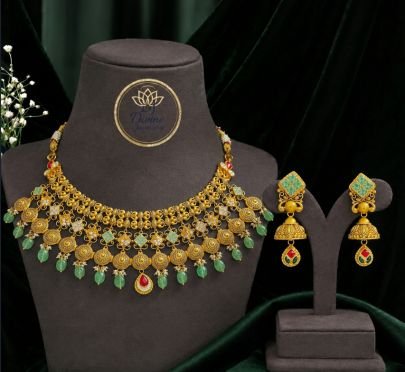 Divine Jewellery Antique Choker Necklace Set for Women | Gold Plated Silver Temple Jewellery with Green Stone Drops & Earrings