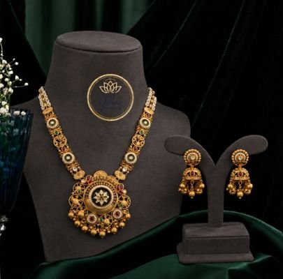 Divine Jewellery Antique Circular Pendant Necklace Set with Jhumka Earrings for Women | 92.5 Silver Gold Plated Jewellery