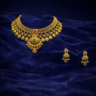 Divine Jewellery Antique Coin Temple Choker Necklace Set with Ruby Emerald Accents and Traditional Drop Earrings