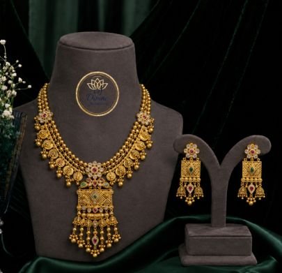 Divine Jewellery Antique Coin Necklace Set with Hanging Pendant and Traditional Earrings