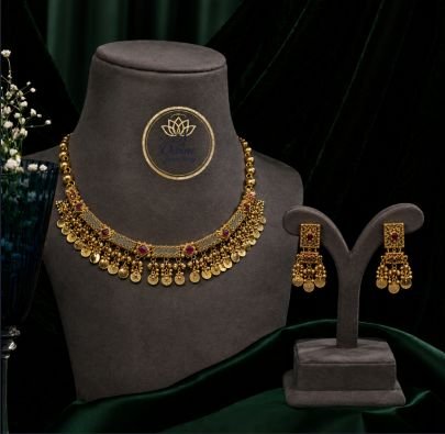 Divine Jewellery Antique Coin Choker Necklace Set with Earrings for Women | 92.5 Silver Gold Plated Traditional Jewellery