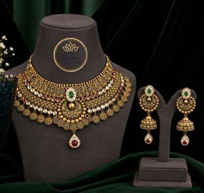 Divine Jewellery Antique Coin Pearl Layered Necklace Set with Jhumka Earrings | 92.5 Silver Gold Plated