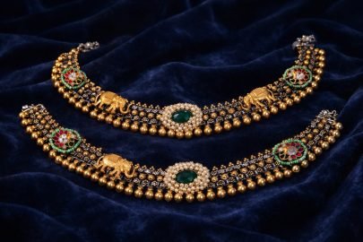 Divine Jewellery Antique Elephant Motif Bridal Payal with Green Stone & Pearl Detailing