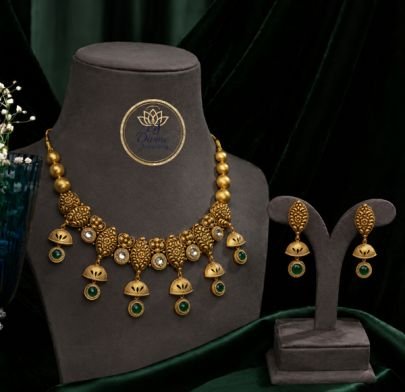Divine Jewellery Antique Emerald Drop Temple Necklace Set with Earrings | 92.5 Silver Gold Plated