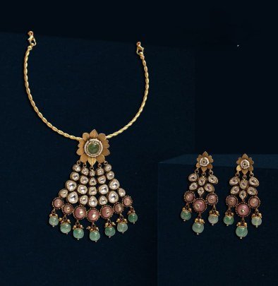 Divine Jewellery Antique Floral Pendant Necklace Set with Kundan Stones and Green Bead Drops