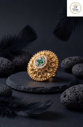 Divine Jewellery Antique Floral Statement Ring with Pearl Border & Green Stone Center in 92.5 Silver with Gold Plating