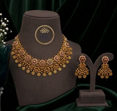 Divine Jewellery Antique Floral Gold Plated Silver Necklace Set with Jhumka Earrings