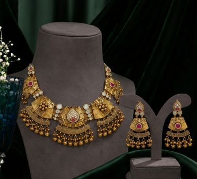 Divine Jewellery Antique Geometric Gold-Plated 92.5 Silver Designer Necklace Set with Earrings