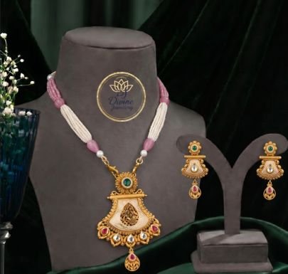 Divine Jewellery Antique Gold Plated Pearl Beaded Pendant Necklace Set with Designer Earrings
