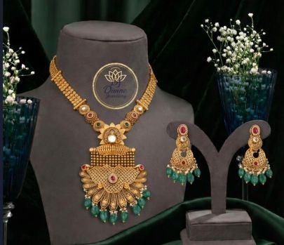 Divine Jewellery Antique Gold Plated Peacock Pendant Necklace Set with Green Bead Earrings