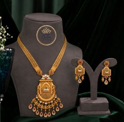 Divine Jewellery Antique Gold Plated Traditional Pendant Necklace Set for Women | Long Temple Style Jewellery Set with Matching Earrings | Ethnic Brid