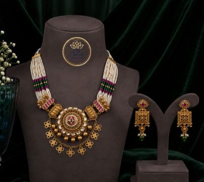 Divine Jewellery Antique Gold Plated Multilayer Beaded Necklace Set for Women | Traditional Ethnic Pendant Jewellery with Matching Earrings | Bridal &