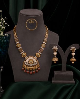Divine Jewellery Antique Gold Plated Pendant Necklace Set for Women | 92.5 Silver Traditional Ethnic Jewellery with Earrings