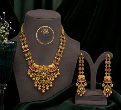 Divine Jewellery Antique Gold Plated 92.5 Silver Temple Necklace Set with Long Designer Earrings