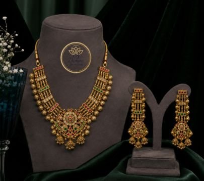 Divine Jewellery Antique Gold Plated 92.5 Silver Traditional Bridal Necklace Set with Long Earrings