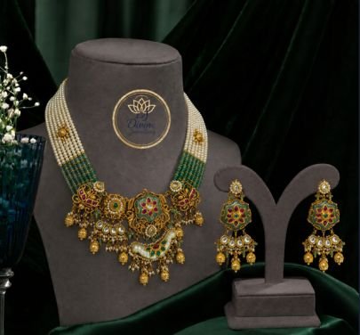 Divine Jewellery Antique Gold Pearl and Green Bead Choker Necklace Set with Chandbali Earrings