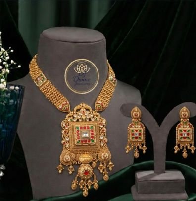 Divine Jewellery Antique Gold Mesh Band Necklace Set with Statement Square Pendant and Earrings