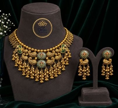 Divine Jewellery Antique Gold Plated Silver Necklace Set with Green Meenakari Earrings | Traditional Statement Bridal Jewellery for Women