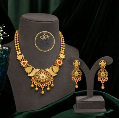 Divine Jewellery Antique Gold-Plated 92.5 Silver Statement Necklace Set with Earrings | Traditional Ruby Green Stone Designer Bridal Jewellery