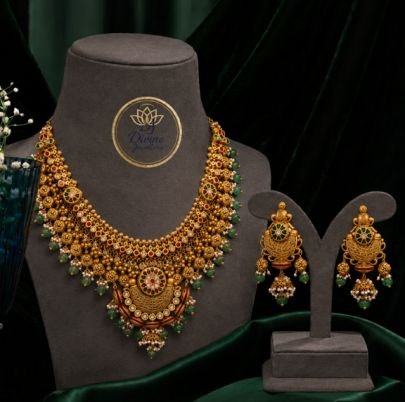 Divine Jewellery Antique Gold-Plated 92.5 Silver Bridal Necklace Set with Earrings | Traditional Temple Kundan Green Beads Statement Jewellery