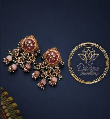 Divine Jewellery Antique Gold-Plated Silver Temple Earrings with Green Beads