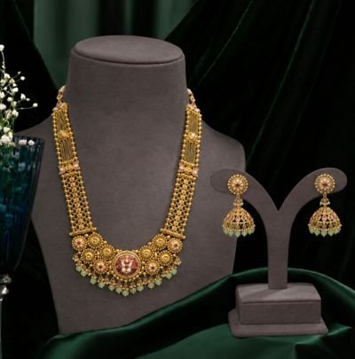 Divine Jewellery Antique Gold-Plated 92.5 Silver Traditional Temple Necklace Set with Floral Pendant & Jhumka Earrings