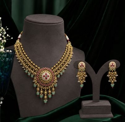 Divine Jewellery Antique Gold-Plated 92.5 Silver Traditional Floral Pendant Necklace Set with Stone Dangling Earrings