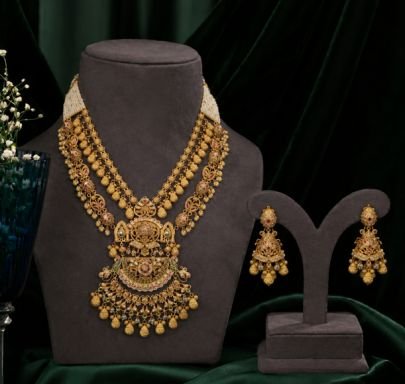 Divine Jewellery Antique Gold-Plated 92.5 Silver Layered Temple Necklace Set with Grand Pendant & Traditional Jhumka Earrings