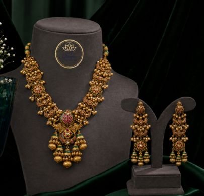 Divine Jewellery Antique Gold Plated Rajwadi Long Necklace Set with Pink Stone Work, Pearl Drops & Matching Chandbali Earrings