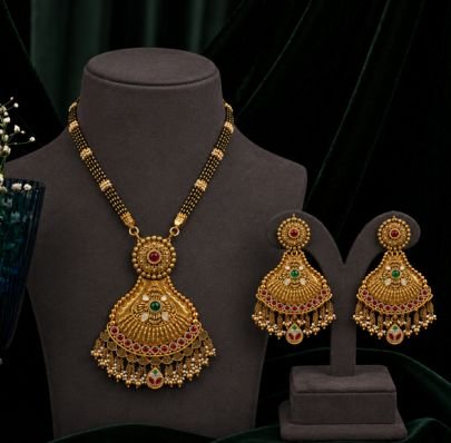 Divine Jewellery Antique Gold Plated Temple Style Mangalsutra Pendant Set with Ruby & Emerald Stone Work and Matching Earrings