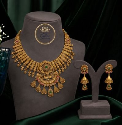 Divine Jewellery Antique Gold Plated Temple Necklace Set with Earrings | 92.5 Silver Traditional Bridal Jewellery
