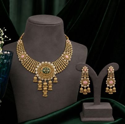 Divine Jewellery Antique Gold Plated Kundan Necklace Set with Earrings | 92.5 Silver Pink Stone Bridal Jewellery