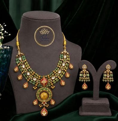 Divine Jewellery Antique Gold Plated Green Beaded Kundan Necklace Set with Matching Earrings | Traditional 92.5 Silver Base Jewellery
