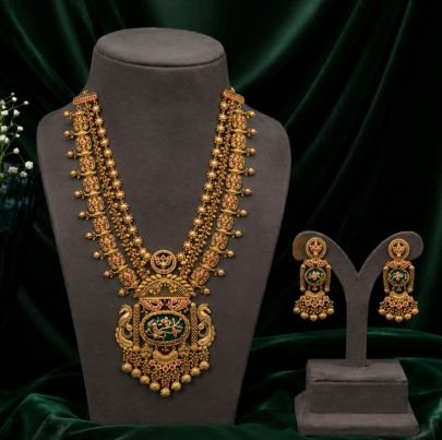 Divine Jewellery Antique Gold Plated Peacock Meenakari Long Necklace Set with Matching Jhumka Earrings | Traditional 92.5 Silver Base Jewellery
