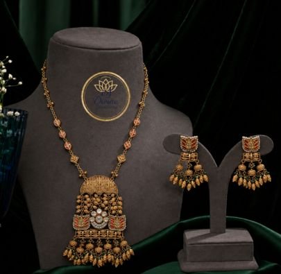 Divine Jewellery Antique Heritage Pendant Necklace Set with Statement Earrings | Gold Plated 92.5 Silver Traditional Jewellery
