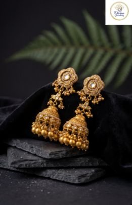 Divine Jewellery Antique Kundan Jhumka Earrings with Pearl Detailing & Floral Stud Design in 92.5 Silver with Gold Plating