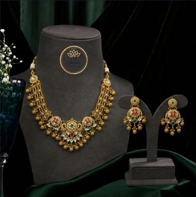 Divine Jewellery Antique Kundan Necklace Set with Dangler Earrings | Gold Plated Silver Traditional Jewellery