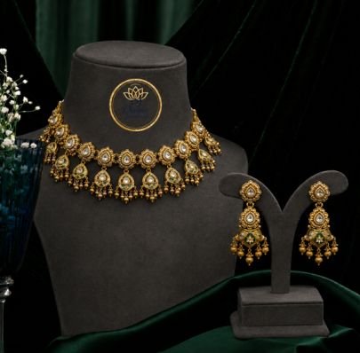 Divine Jewellery Antique Kundan Choker Necklace Set with Earrings | Gold Plated Silver Bridal Jewellery