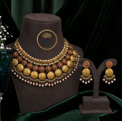 Divine Jewellery Antique Lakshmi Coin Gold Plated Silver Necklace Set with Earrings