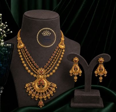 Divine Jewellery Antique Layered Pendant Necklace Set with Earrings for Women | Gold Plated Silver Base Traditional Bridal Jewellery