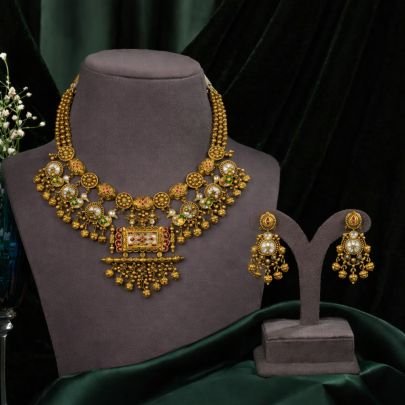 Divine Jewellery Antique Meenakari 92.5 Silver Gold Plated Necklace Set with Pendant and Jhumka Earrings