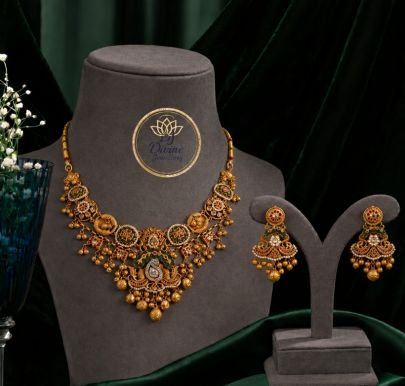 Divine Jewellery Antique Peacock Temple Necklace Set with Earrings for Women | 92.5 Silver Gold Plated Bridal Jewellery