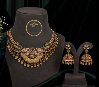Divine Jewellery Antique Peacock Gold Plated Silver Necklace Set with Jhumka Earrings