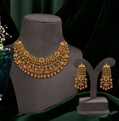 Divine Jewellery Antique Peacock CZ Necklace Set with Long Earrings | 92.5 Silver Gold Plated