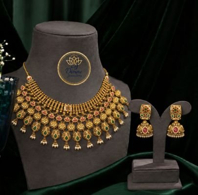 Divine Jewellery Antique Peacock Coin Necklace Set with Jhumka Earrings | 92.5 Silver Gold Plated