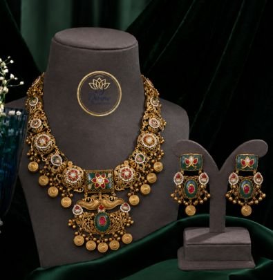 Divine Jewellery Antique Peacock Temple Necklace Set with Earrings | 92.5 Silver Gold Plated Heritage Bridal Jewellery