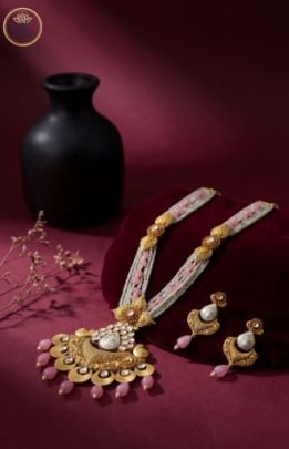 Divine Jewellery Antique Pearl Meenakari Pendant Necklace Set with Pink Bead Drops