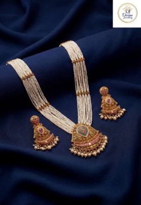 Divine Jewellery Antique Pearl Layer Necklace Set with Temple Pendant & Earrings in 92.5 Silver with Gold Plating