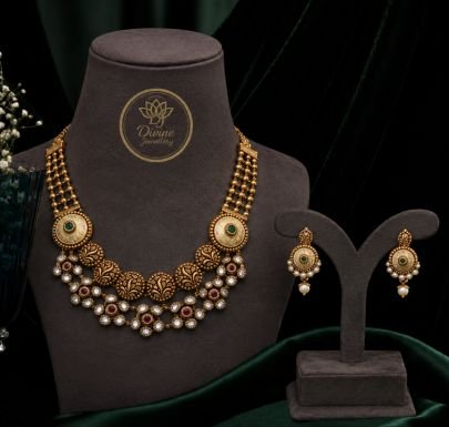 Divine Jewellery Antique Pearl & Kundan Gold-Plated 92.5 Silver Designer Necklace Set with Earrings